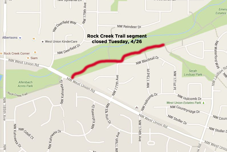A segment of the Rock Creek Trail (pictured) will be closed for repairs on Tuesday, April 26.