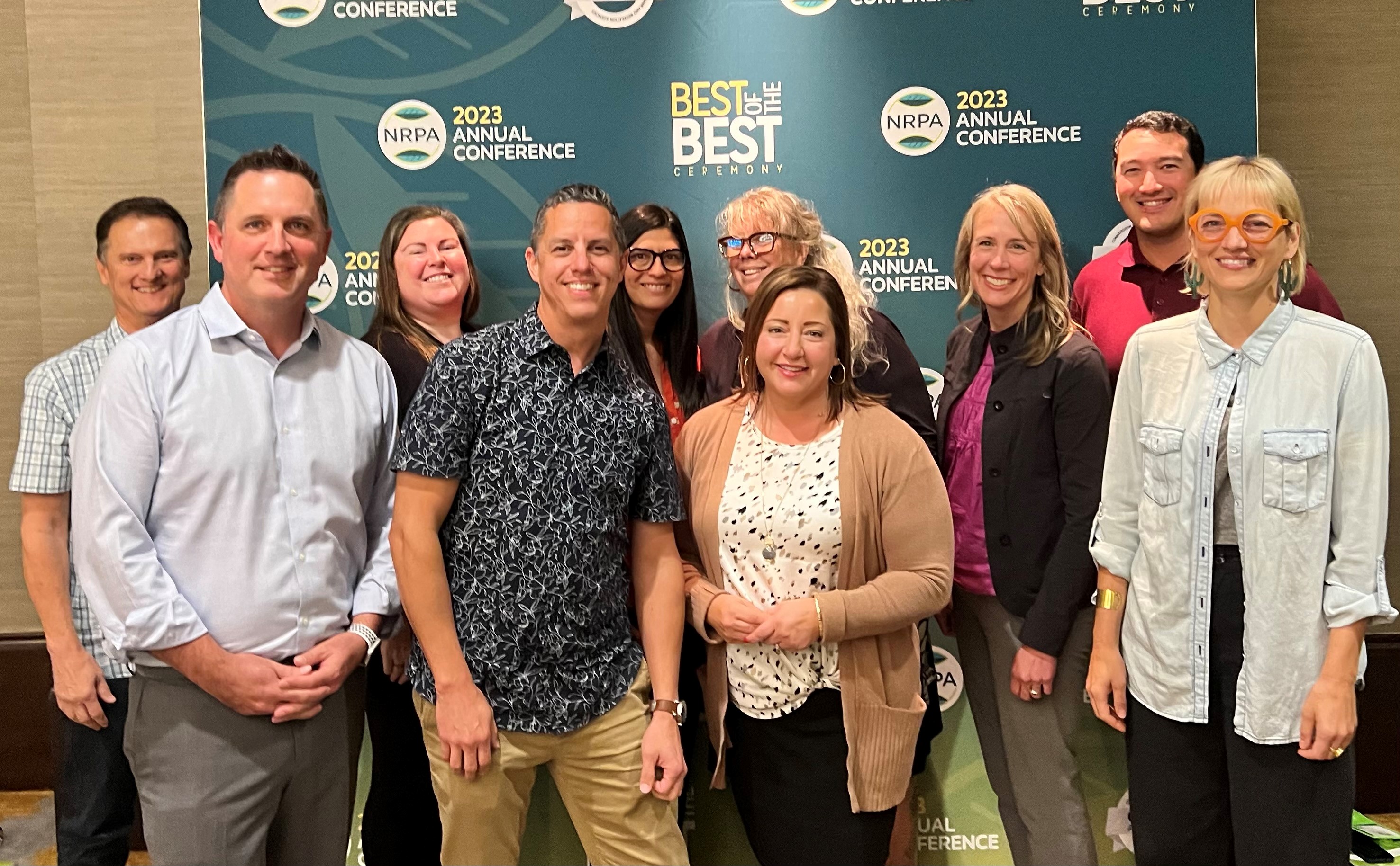 Photo Caption:  Alfredo Moreno, THPRD Board President; Aisha Panas, Deputy General Manager, and staff representing THPRD at the 2023 Best of the Best Ceremony at the National Recreation and Park Association conference, where THPRD was honored for achieving reaccreditation.