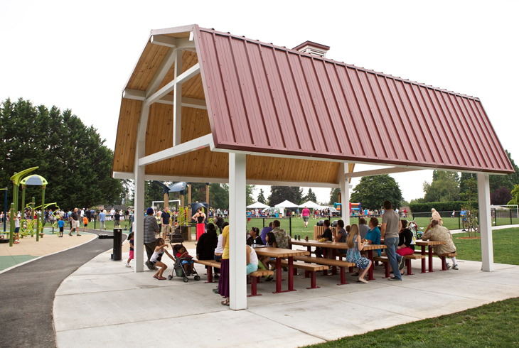 Several covered picnic shelters, including this one at Aloha's Barsotti Park, are available for public use.