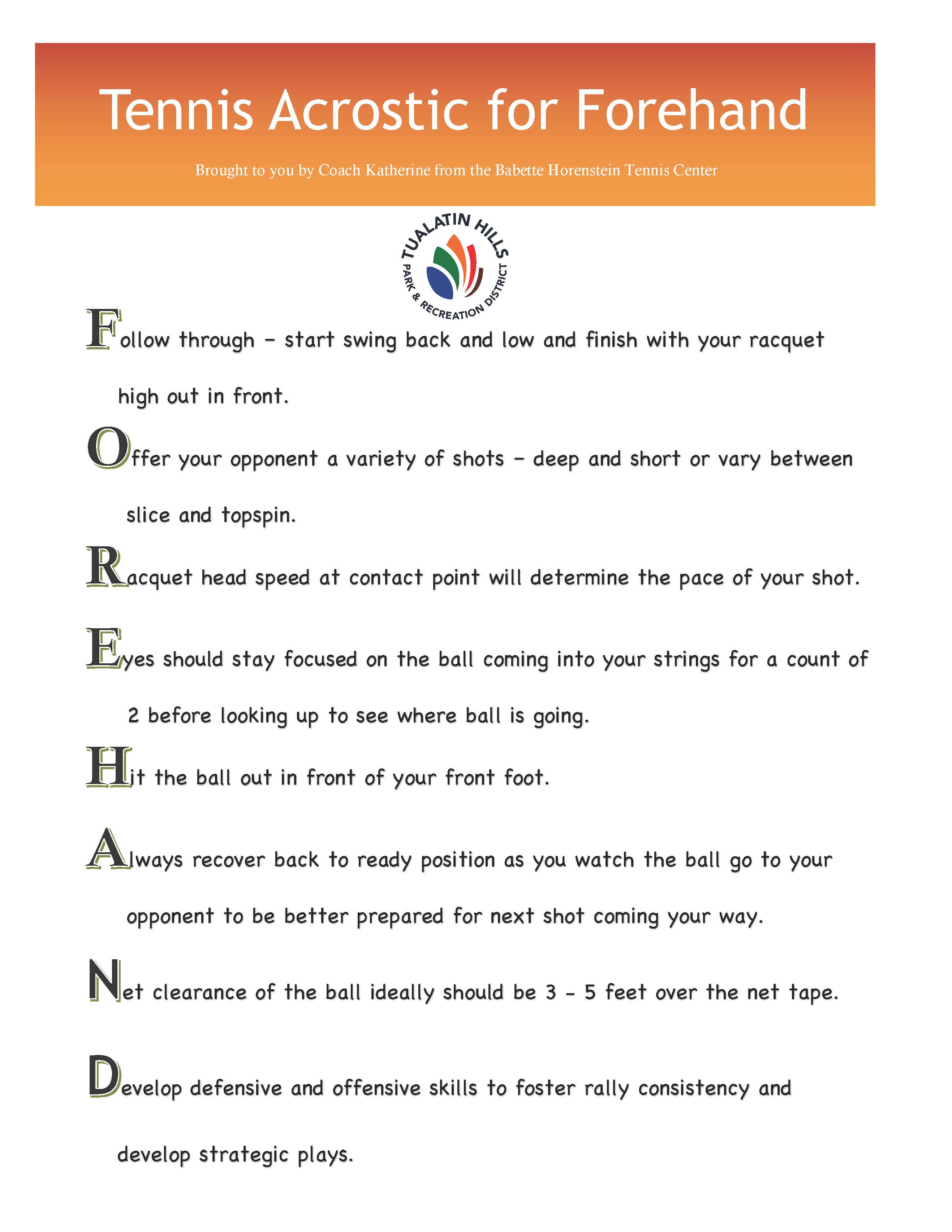 Tennis Acrostic for Forehand